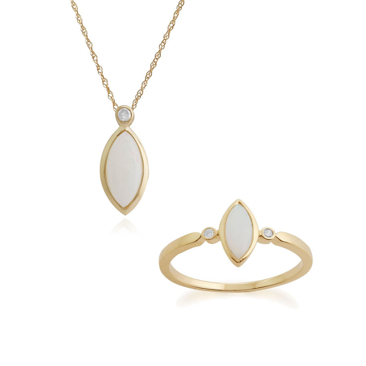 Pendentif et Bague Classique Or Jaune 375 Opale Cabochon Marquise