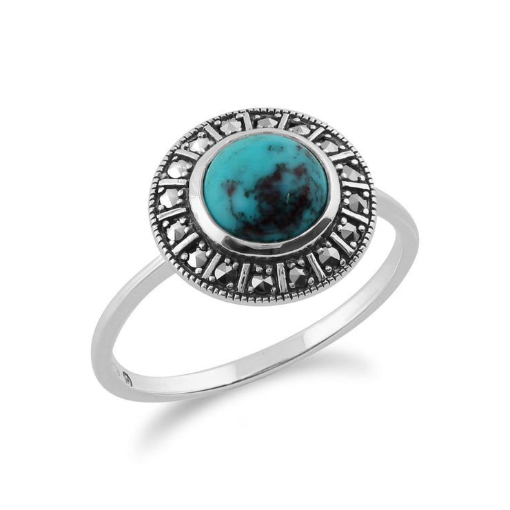Gemondo 925 Sterling Silver Art Déco 0.97ct Turquoise & Marcassite Bague