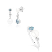 Bague et Boucles d'Oreilles Pendantes Perle Moderne Argent 925 Perle et Topaze