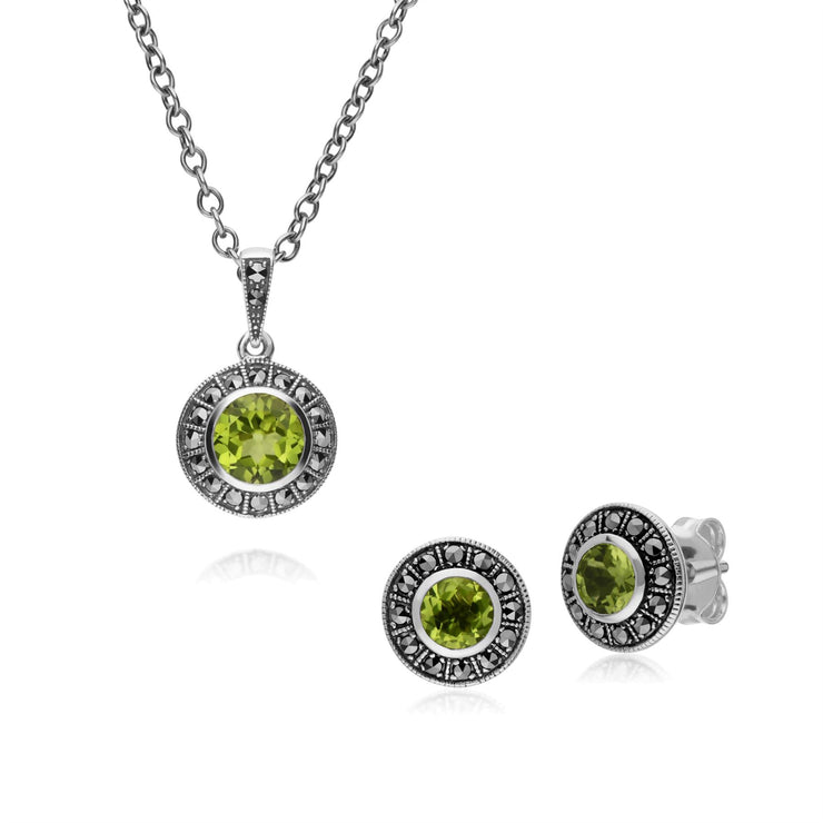 Boucles d'Oreilles Clou et Bague Style Art Déco Argent 925 Péridot et Marcassite Cluster Rond