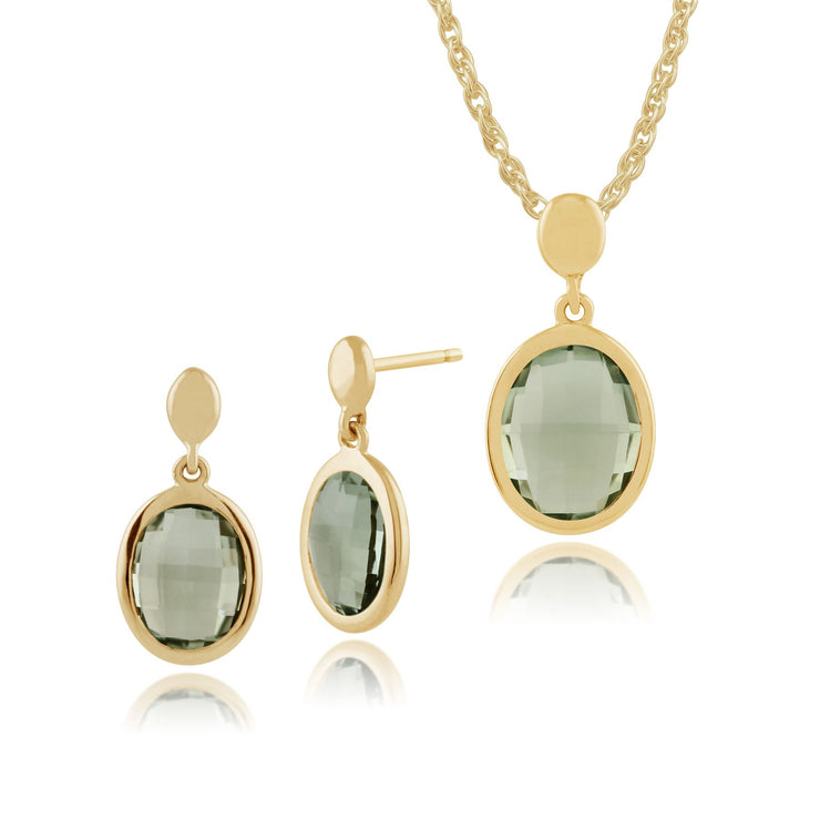 Pendentif et Boucles d'Oreilles Pendantes Classique Or Jaune 375 Quartz Vert Oval serti Clos