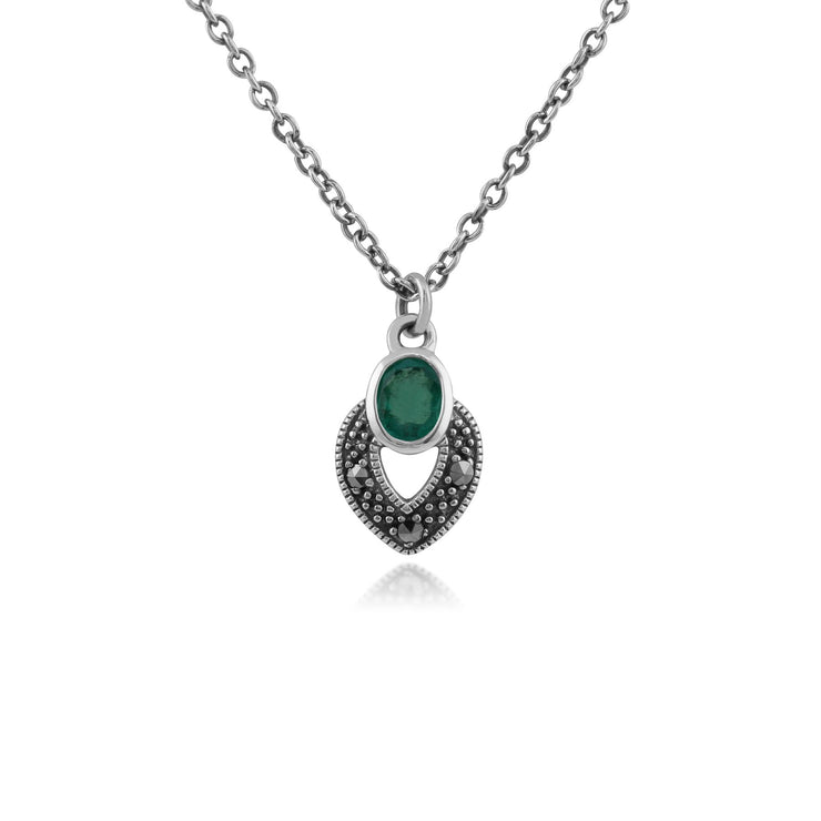 Collier Style Art Déco Argent 925 Emeraude Oval et Marcassite