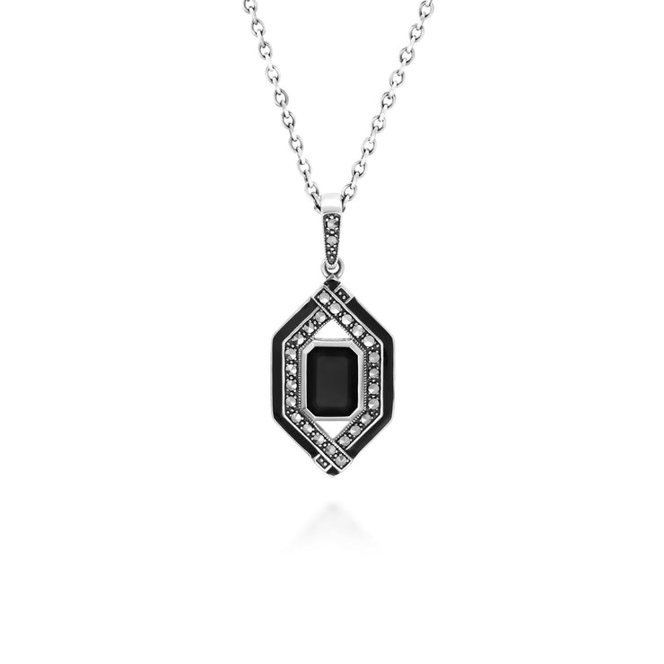 Collier Style Art Déco Spinelle Noir, Email et Marcassite