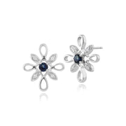 Pendentif et Boucles d'Oreilles Clou Floral Or Blanc 375 Saphir Rond et Diamant