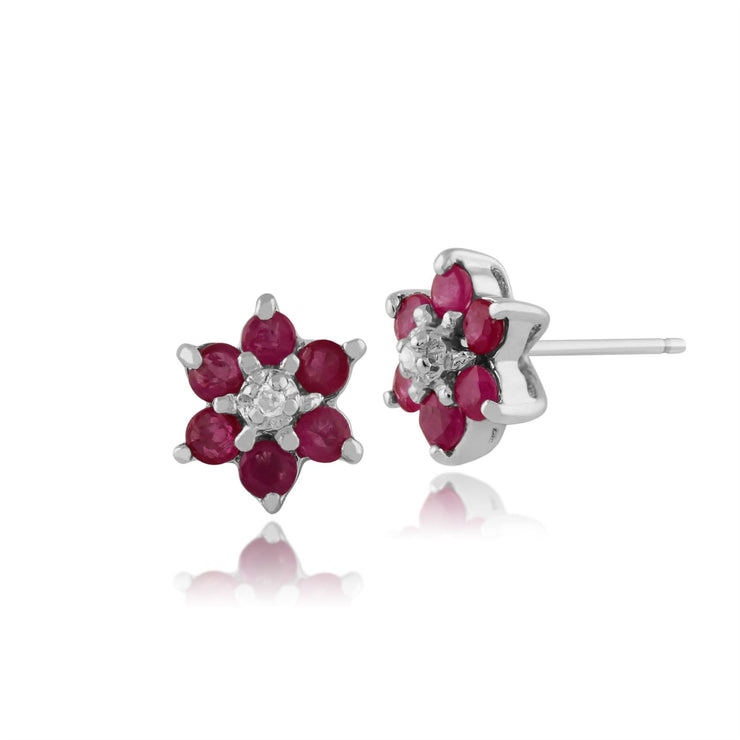 Boucles d'Oreilles Clou Floral Or Blanc 375 Rubis Rond et Diamant Style Cluster