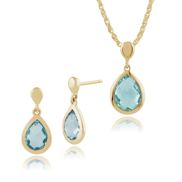 Pendentif et Boucles d'Oreilles Pendantes Classique Or Jaune 375 Topaze Bleue Poire Serti Clos