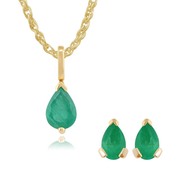 Pendentif et Boucles d'Oreilles Clou Classique Or Jaune 375 Emeraude Poire