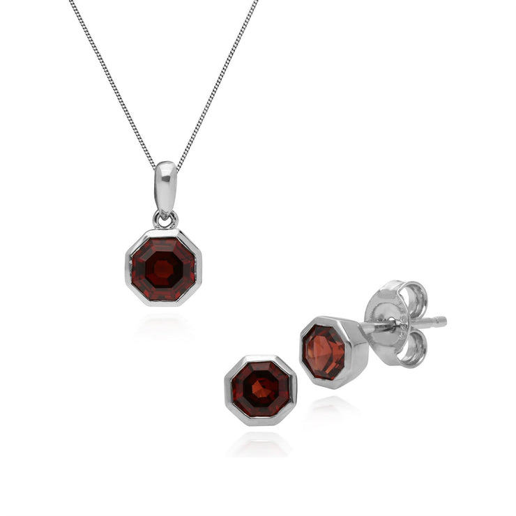 Pendentif et Boucles d'Oreilles Clou Géométrique Argent 925 Grenat Octogonal