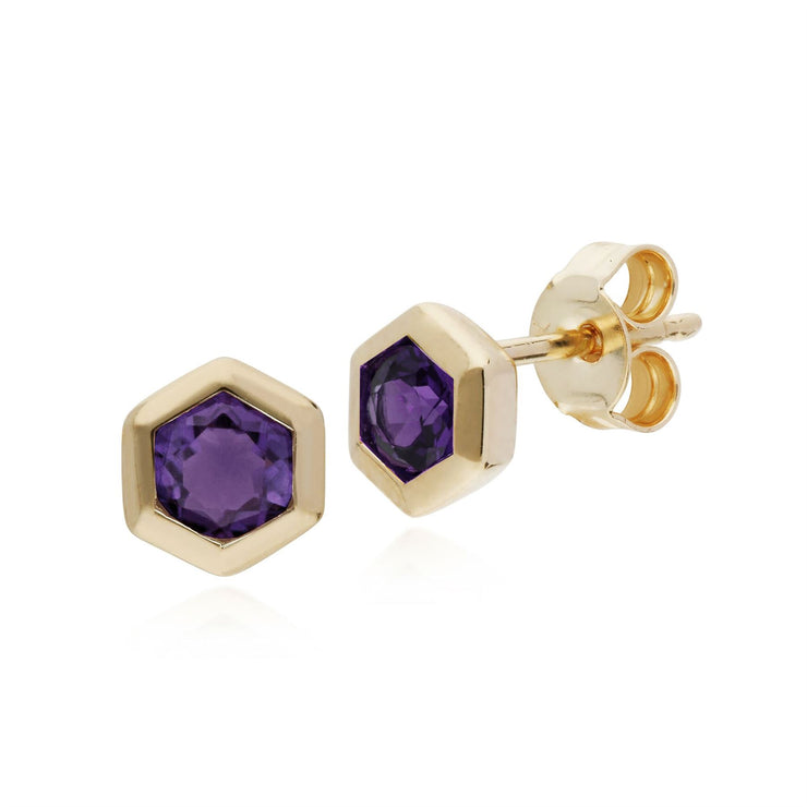 Améthyste Boucles D'Oreilles, 9 CT or Jaune Améthyste Hexagone Boucles D'Oreilles