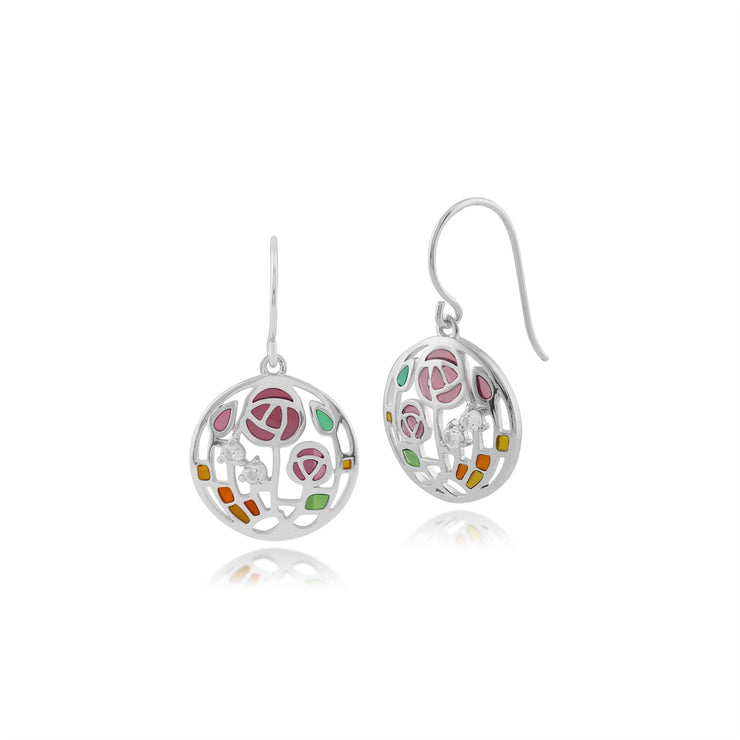 Boucles d'Oreilles Pendantes Style Rennie Mackintosh Argent 925 Topaze Rose Ronde