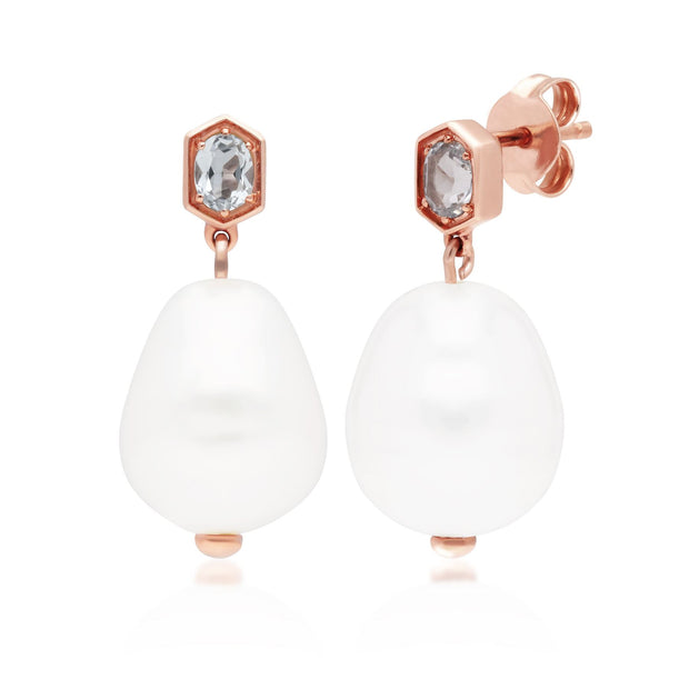 Boucles d'Oreilles Asymétrique Perle Moderne Argent 925 Plaqué Or Rose Perle et Grenat