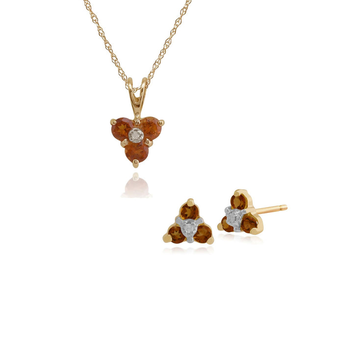 Pendentif et Boucles d'Oreilles Clou Floral Or Jaune 375 Citrine et Diamant rond