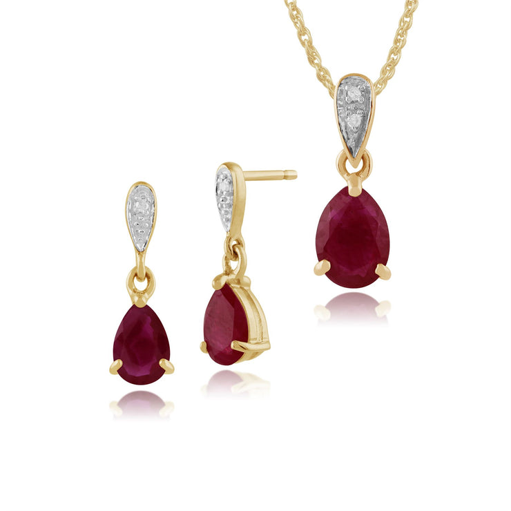 Pendentif et Boucles d'Oreilles Pendantes Classique Or Jaune 375 Rubis Poire et Diamant