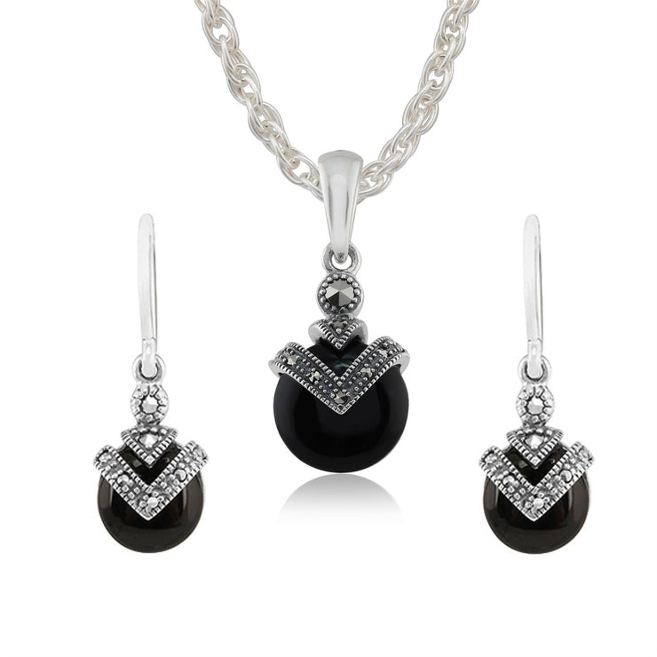 Pendentif et Boucles d'Oreilles Pendantes Style Art Déco Argent 925 Onyx Noir Cabochon et Marcassite