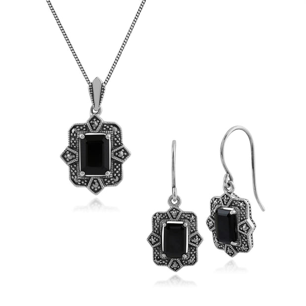 Boucles d'Oreilles Pendantes et Pendentif Style Art Déco Argent 925 Spinelle Noir Baguette et Marcassite sertis Clos