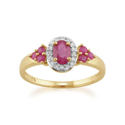 9 Ct Or Jaune 0.88CT CT NATUREL RUBIS & Diamant Bague style grappe