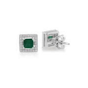 Boucles d'Oreilles Clou Or Blanc 375 Carré Emeraude et Diamant