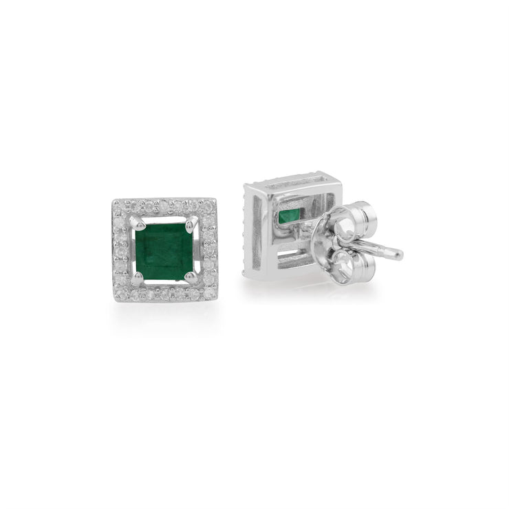 Boucles d'Oreilles Clou Or Blanc 375 Carré Emeraude et Diamant