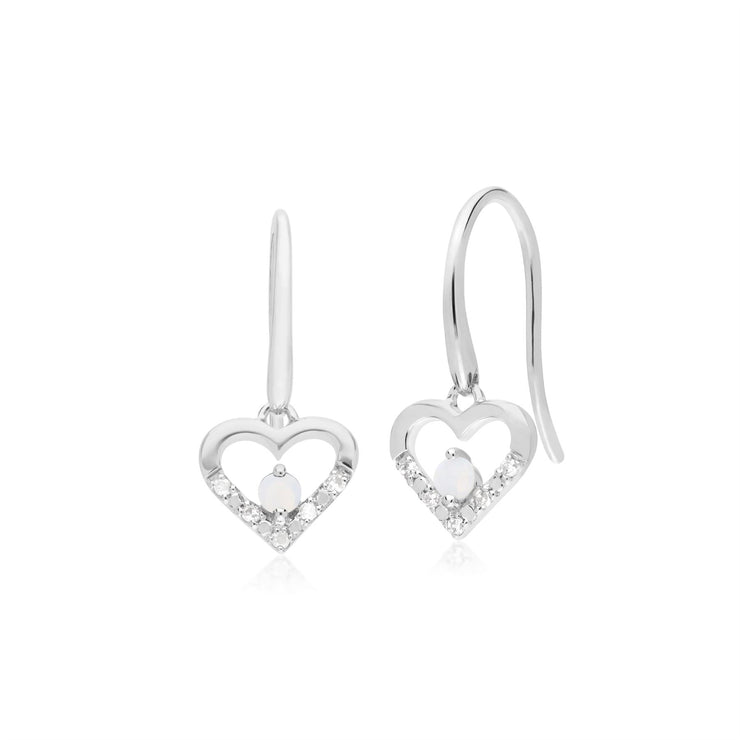 s 9 CT or Blanc Unique Opale & Diamant Boucles D'Oreilles Cœur Ouvert