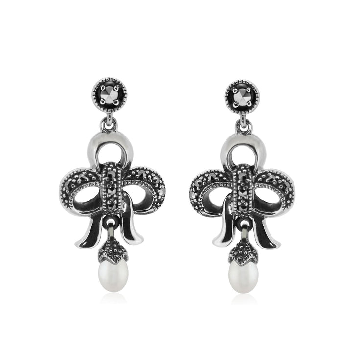 Perle Boucles D'Oreilles, Argent Sterling Chinois Perle D'Eau-Douce et Marcassite Boucles D'Oreilles