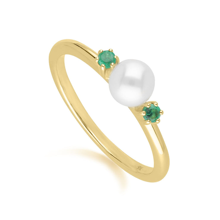 Bague Modern Pearl Or Jaune 375 avec Perle et Emeraude Ronds