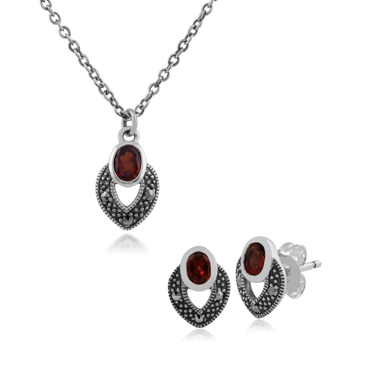 Collier et Boucles d'Oreilles Clou Style Art Déco Argent 925 Grenat Oval et Marcassite