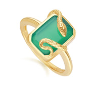 Bague Grand Deco Serpent Enroulé en  Calcédoine Verte et en Argent Doré à l'Or Fin