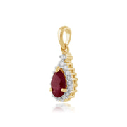 Pendentif et Boucles d'Oreilles Clou Classique Or Jaune 375 Rubis Poire et Diamant Halo