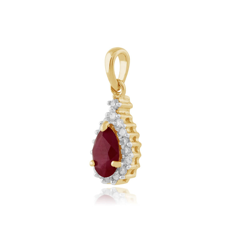 Pendentif et Boucles d'Oreilles Clou Classique Or Jaune 375 Rubis Poire et Diamant Halo