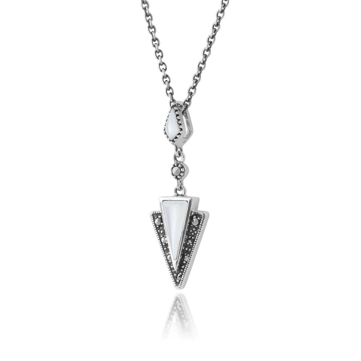 Collier et Boucles d'Oreilles Pendantes Traingle Style Art Déco Argent 925 Nacre et Marcassite