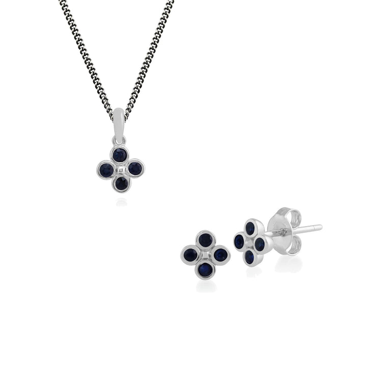 Boucles d'Oreilles Clou et Pendentif Trèfle Floral Argent 925 Saphir Rond