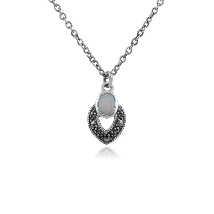 Boucles d'Oreilles Clou et Collier Style Art Déco Argent 925 Opale Ovale et Marcassite