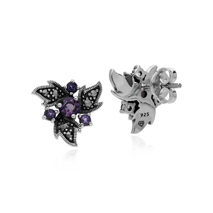 Améthyste Boucles D'Oreilles, Argent Sterling Améthyste & Marcassite Nouveau Floral Boucles D'Oreilles