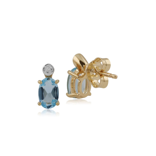 Boucles d'Oreilles Clou Classique Or Jaune 375 Topaze Bleue Ovale et Diamant