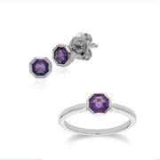 Bague et Boucles d'Oreilles Clou Géométrique Argent 925 Améthyste Octogonal