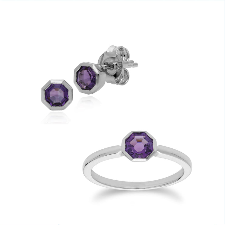 Bague et Boucles d'Oreilles Clou Géométrique Argent 925 Améthyste Octogonal