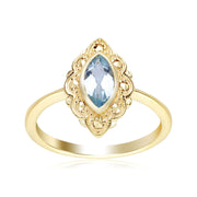 Bague Style Art Nouveau en Argent 925 Doré à l'Or Fin Topaze Bleue Marquise et Marcassite