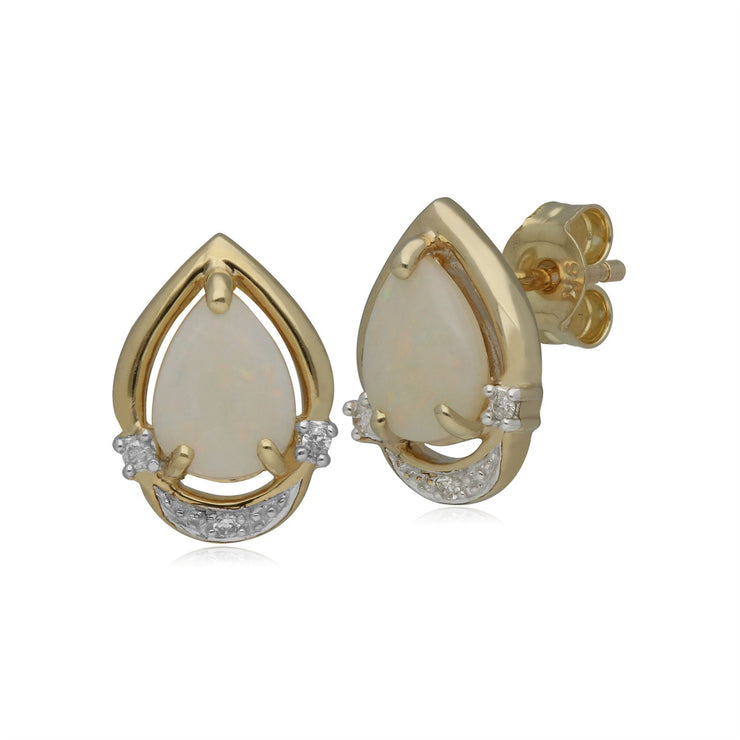 Boucles d'Oreilles Clou Classique Or Jaune 375 Opale Poire et Diamant