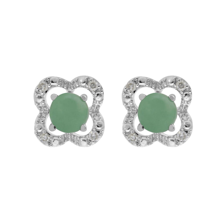 Boucles d'Oreilles Clou Jade Classique Or Blanc 375 et Ear-Jacket Fleur Diamant