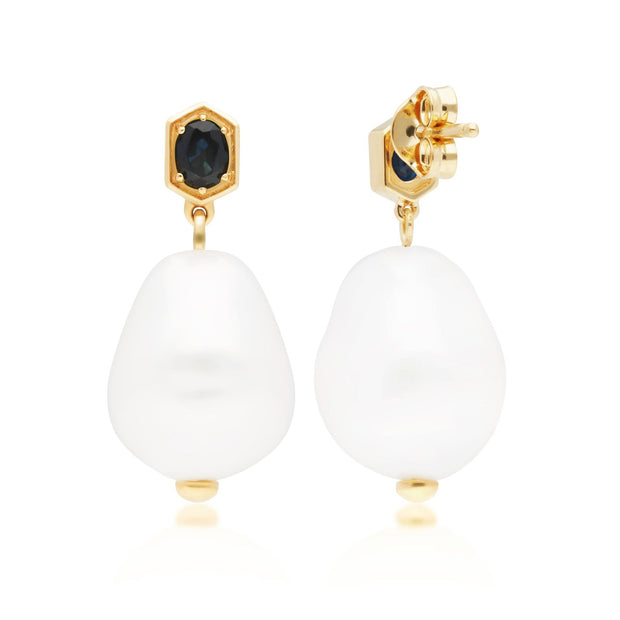 Boucles d'Oreilles Pendantes Moderne Argent 925 Plaqué Or Perle Baroque et Saphir
