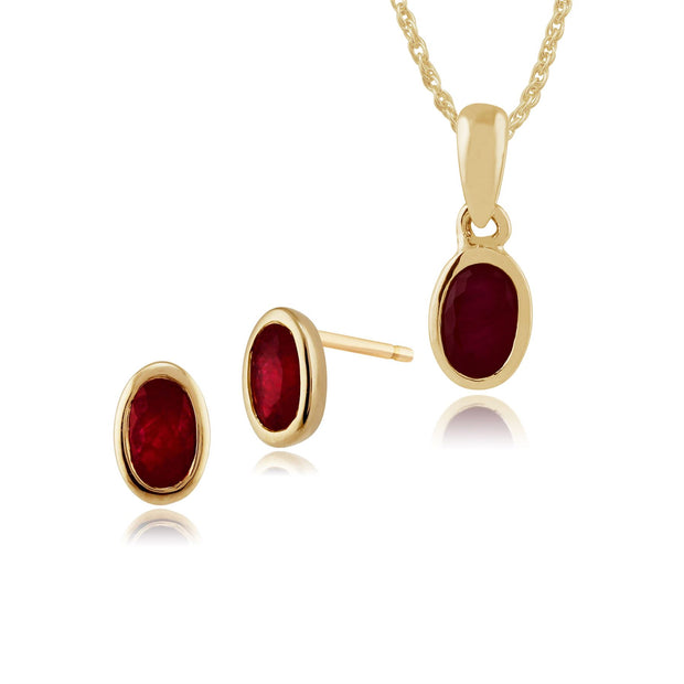 Pendentif et Boucles d'Oreilles Clou Classique Or Jaune 375 Rubis Oval Serti Clos