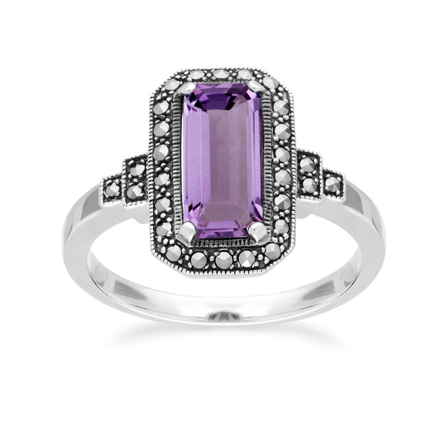Bague Ancienne Style Art Déco - Argent 925 Avec Marcassites Et Améthyste - Taille 57 - Occasion