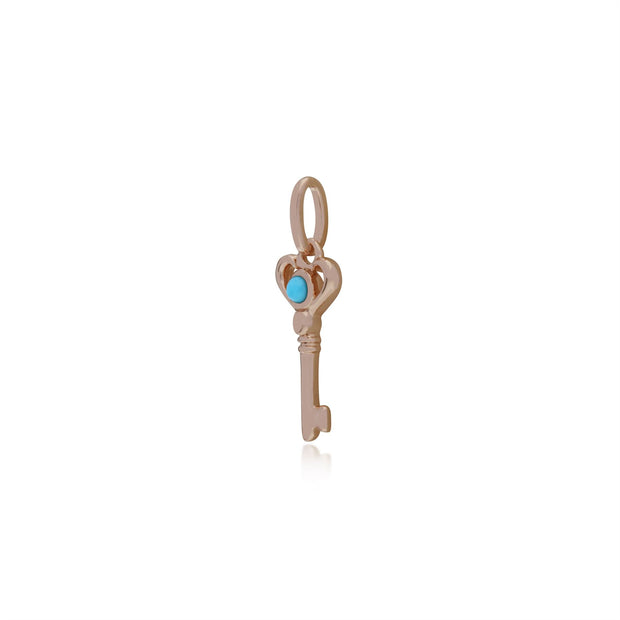 Pendentif Classique Argent 925 Plaqué Or Rose Petite Clé avec Turquoise Rond