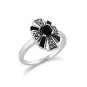 Gemondo Art Déco Bague, 925 Sterling Silver Art Déco Onyx Noir & Marcassite Bague