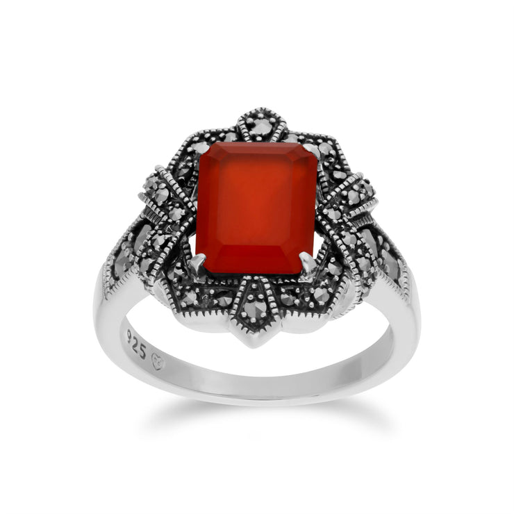 Gemondo Teinté Cornaline Bague, Argent Sterling Teinté Cornaline & Marcassite Octogone Art Déco Bague - cornaline