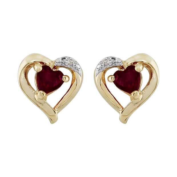 Boucles d'Oreilles Clou Classique Or Jaune 375 Grenat Cœur et Diamant