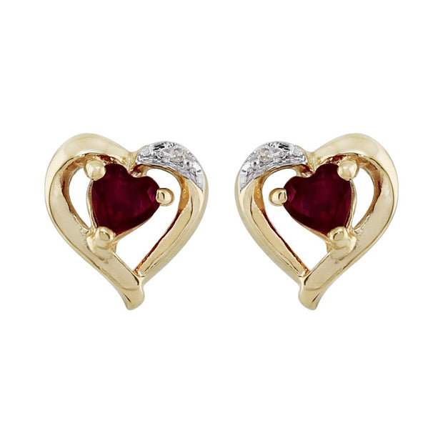 Boucles d'Oreilles Clou Classique Or Jaune 375 Grenat Cœur et Diamant