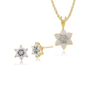 Pendentif et Boucles d'Oreilles Clou Floral Or Jaune 375 Opale et Diamant Cluster
