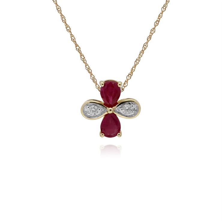Rubis Collier, 9 CT Rubis or Jaune & Diamant Floral Pendentif sur 45cm Chaîne