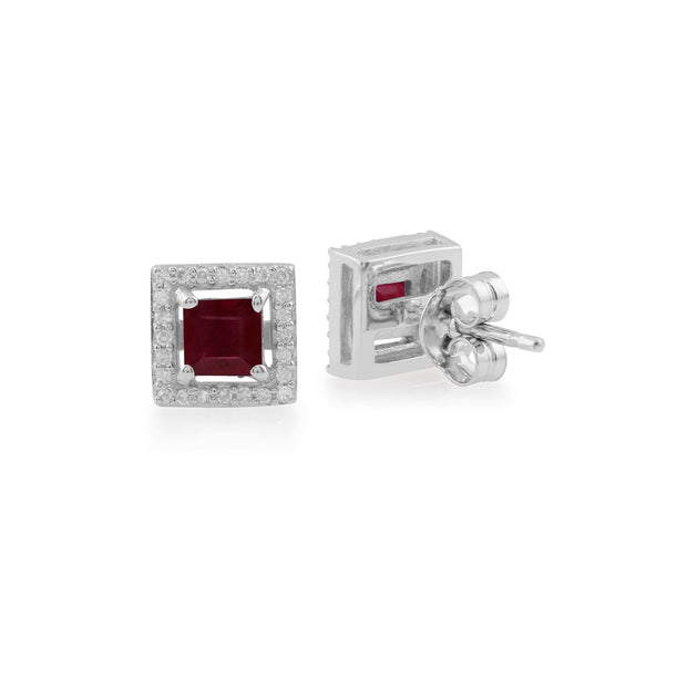 Boucles d'Oreilles Clou Or Blanc 375 Carré Rubis et Diamant